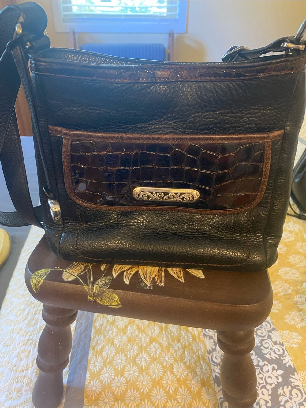 Brighton Black Leather Shoulder Bag with Brown Croc-Front Accent